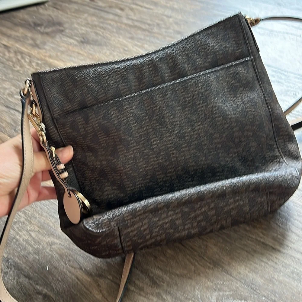 Michael Kors Brown Logo Printer Leather Crossbody Bag Medium Size